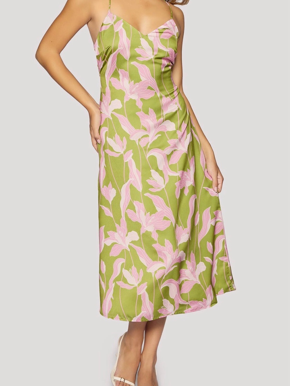 Lost + Wander Olive Green Slip Midi Dress with Pink Floral Print